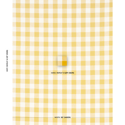Yellow and white gingham check fabric, lightweight cotton look, ideal for tablecloths or picnic decor.