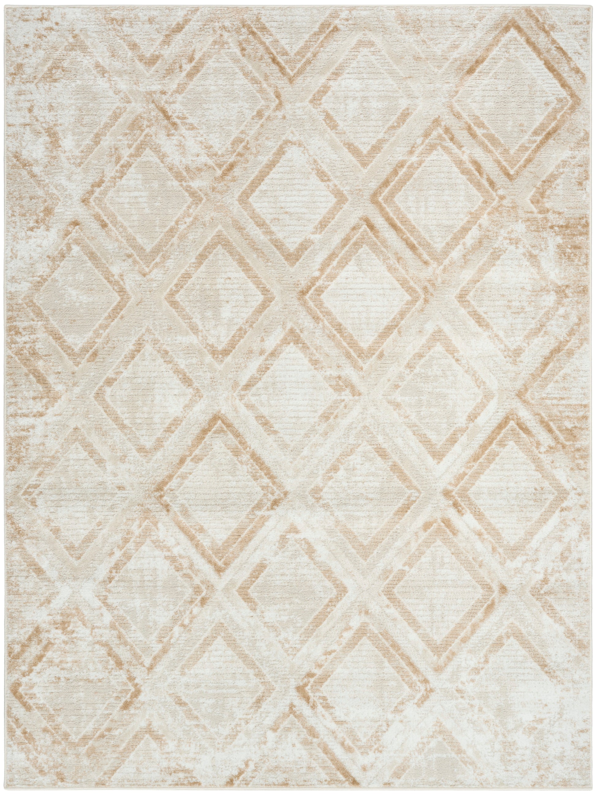 Beige distressed diamond lattice area rug with cream geometric pattern & soft vintage look.