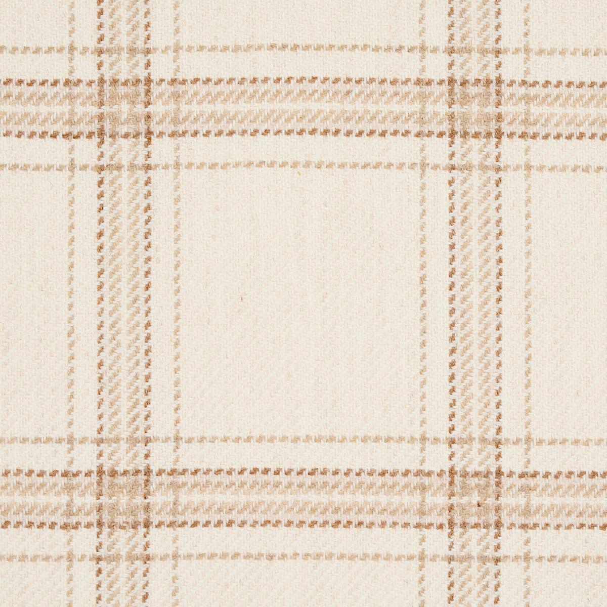 Beige plaid fabric with tan-brown intersecting lines creating a check pattern.