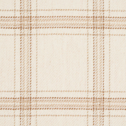 Beige plaid fabric with tan-brown intersecting lines creating a check pattern.