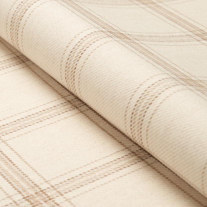 Cream plaid fabric roll with light brown checks; soft woven textile for upholstery or drapery.