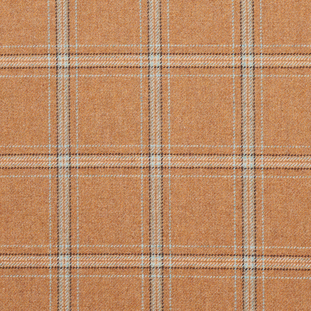 Orange-tan plaid wool fabric with white and grey lines forming a grid, cozy tweed-like texture.