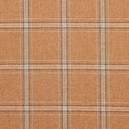 Orange-tan plaid wool fabric with white and grey lines forming a grid, cozy tweed-like texture.