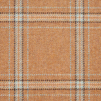 Orange plaid fabric with brown and light blue stripes; soft wool/flannel texture for garments or blankets.