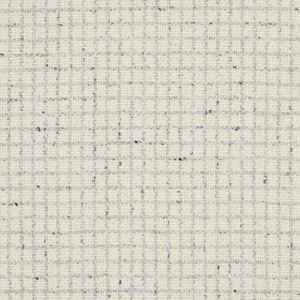 Light gray woven fabric with a subtle blue check grid; tweed-like texture for upholstery or apparel.