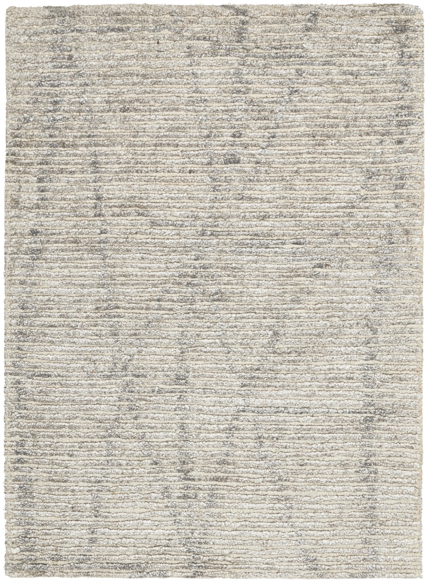 Light gray-beige area rug with subtle horizontal striped texture and distressed finish.