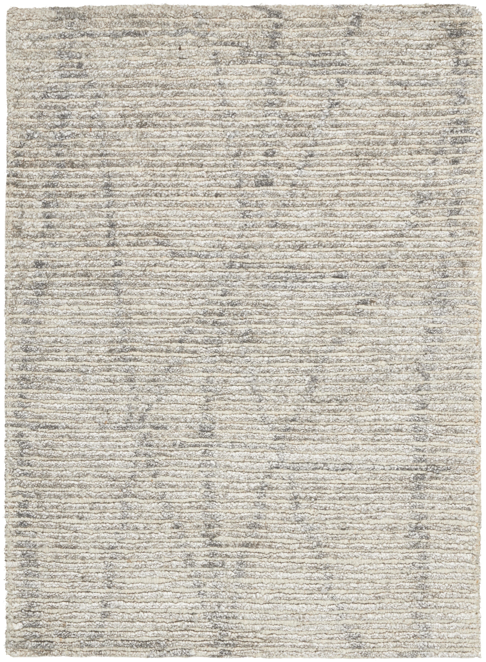 Light gray-beige area rug with subtle horizontal striped texture and distressed finish.