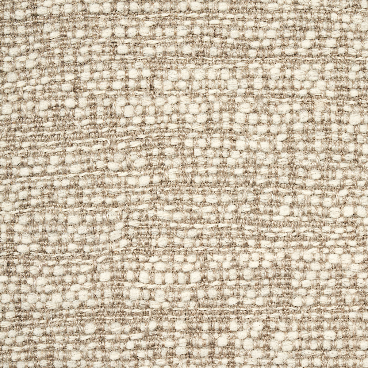 Beige and ivory woven fabric texture close-up; neutral upholstery material with boucle-like yarn.