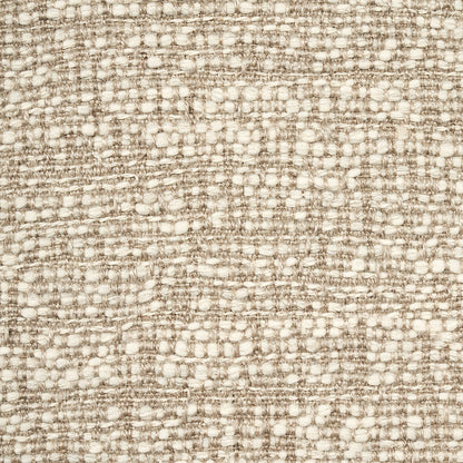 Beige and ivory woven fabric texture close-up; neutral upholstery material with boucle-like yarn.
