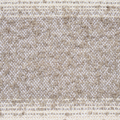 Beige taupe woven textile with alpaca stripe pattern; soft chenille-like fibers; cozy home decor.