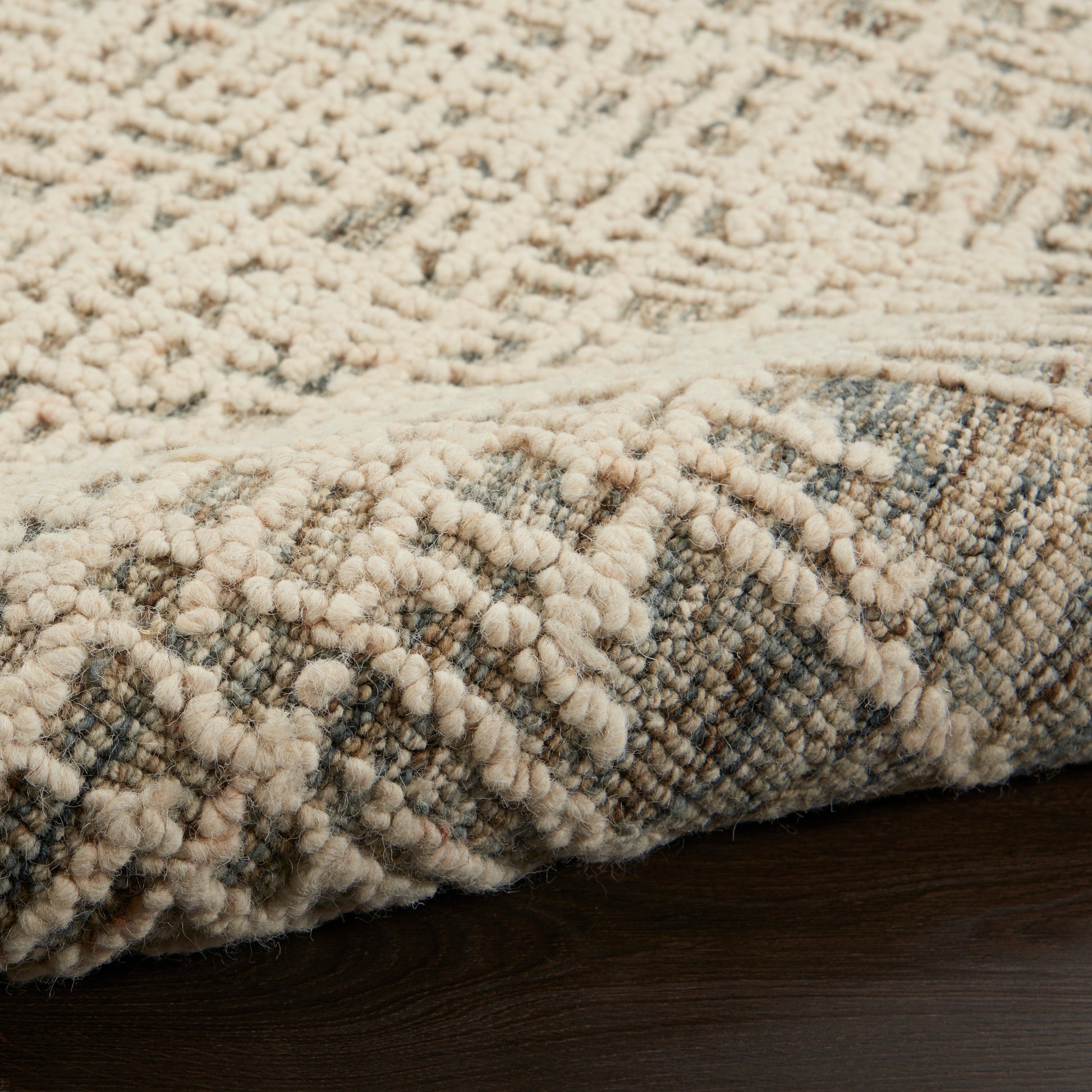 Cream and gray tufted shag rustic 8' runner with chunky pom-pom texture and chevron pattern.