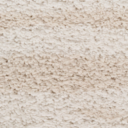 Beige plush shag carpet with thick, curly pile; soft, cozy floor covering.