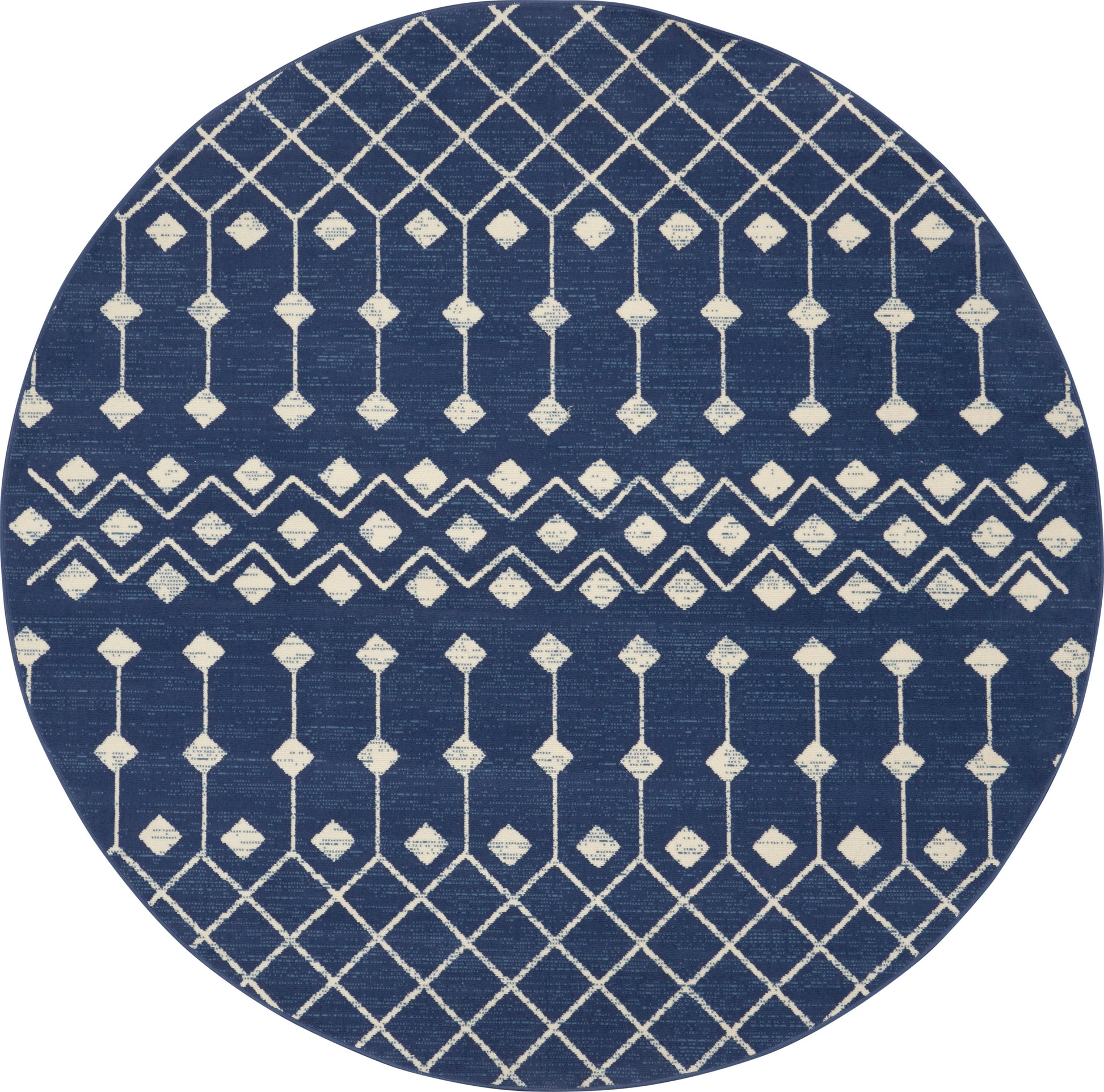 Round navy blue rug with white geometric lattice and diamond motifs in horizontal bands.