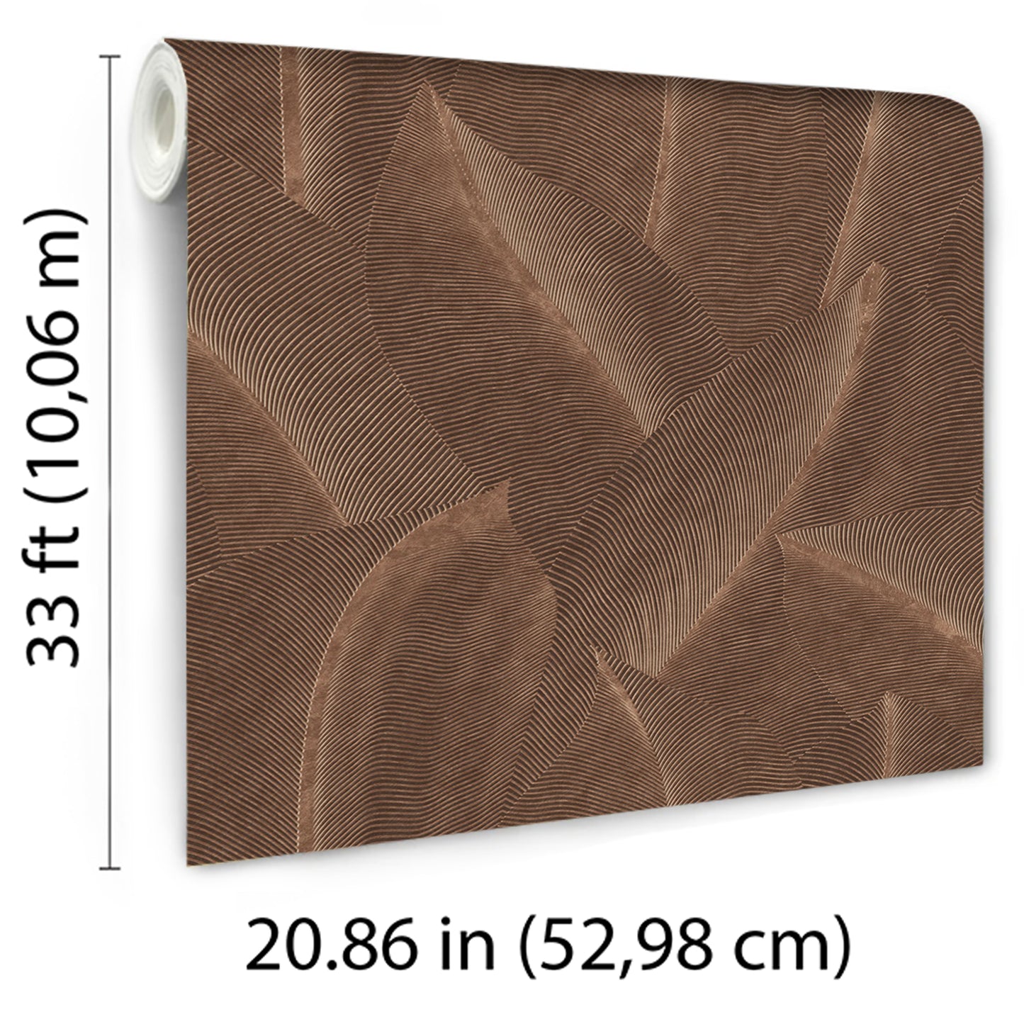 Brown textured wallpaper roll with abstract feather/leaf pattern for decorative wall decor.