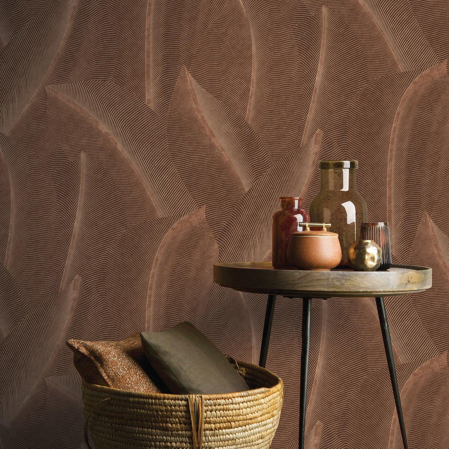 Brown leaf-pattern wallpaper.