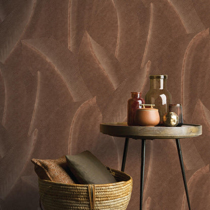 Brown leaf-pattern wallpaper.
