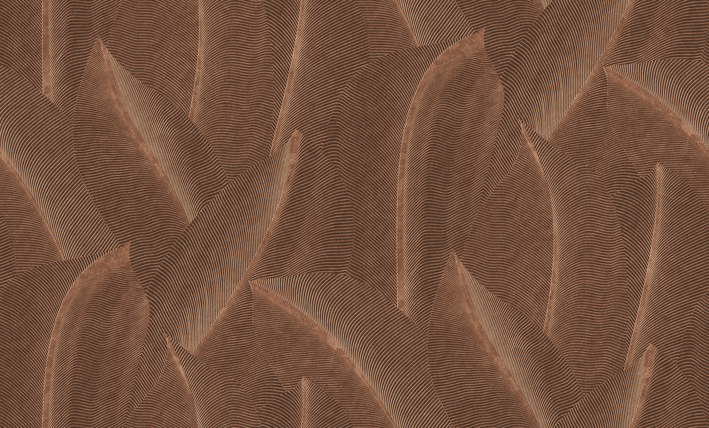 Brown abstract feather-leaf pattern with fine lines, textile wallpaper for warm earthy decor.