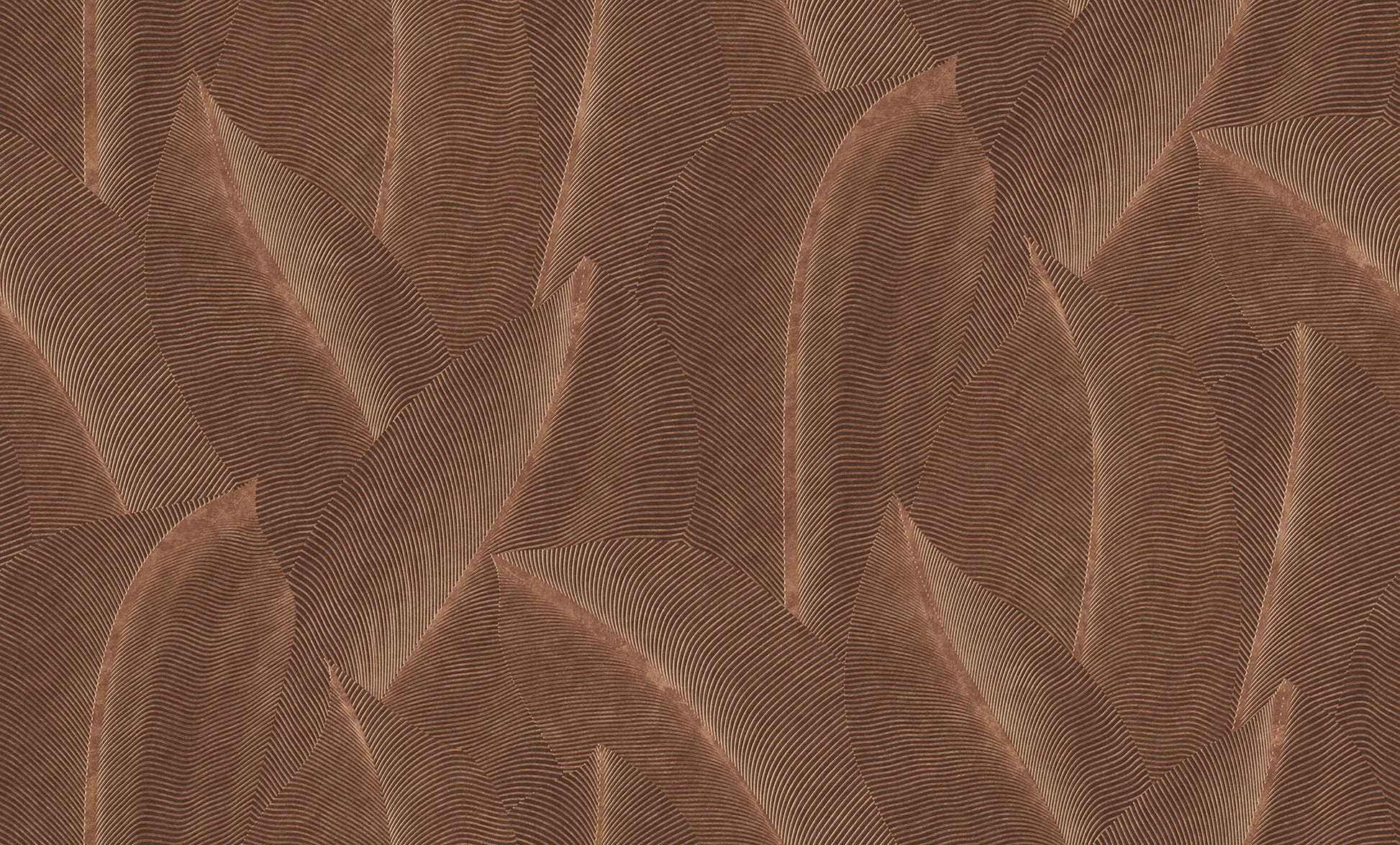 Brown abstract feather-leaf pattern with fine lines, textile wallpaper for warm earthy decor.