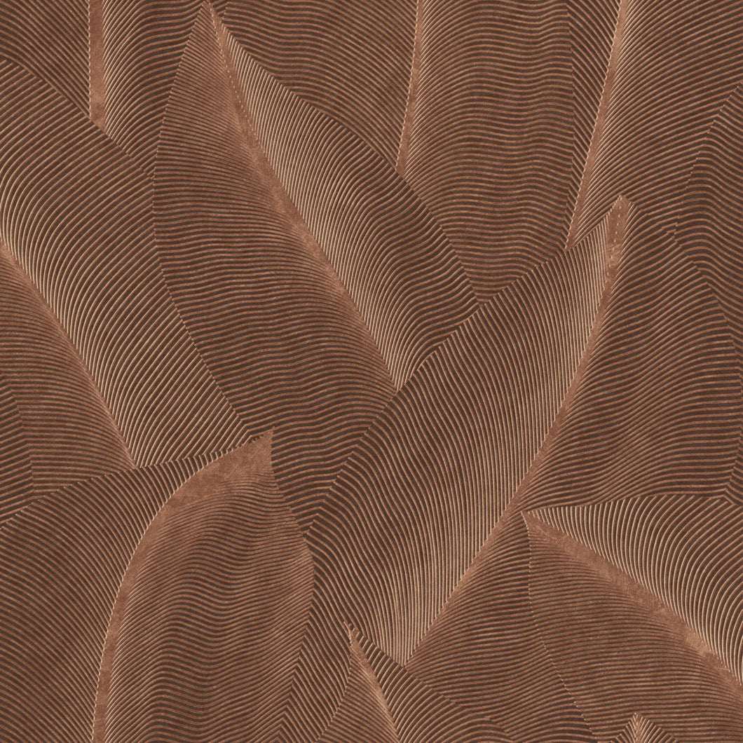 Brown and tan abstract leaf-pattern wallpaper with fine curved stripes and layered shapes.