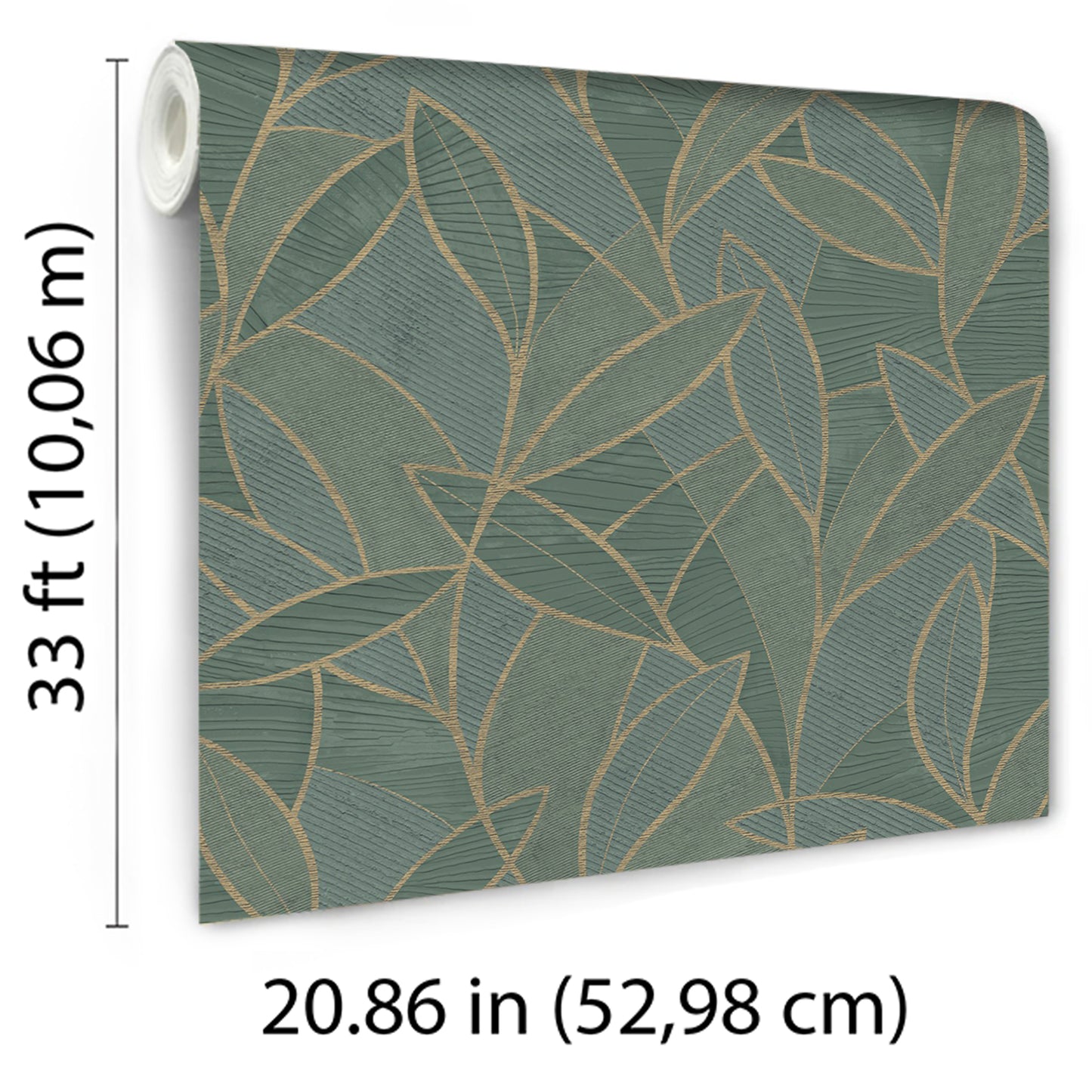 Dark moss green wallpaper roll with a carved leaf motif; rolled display for wall décor.