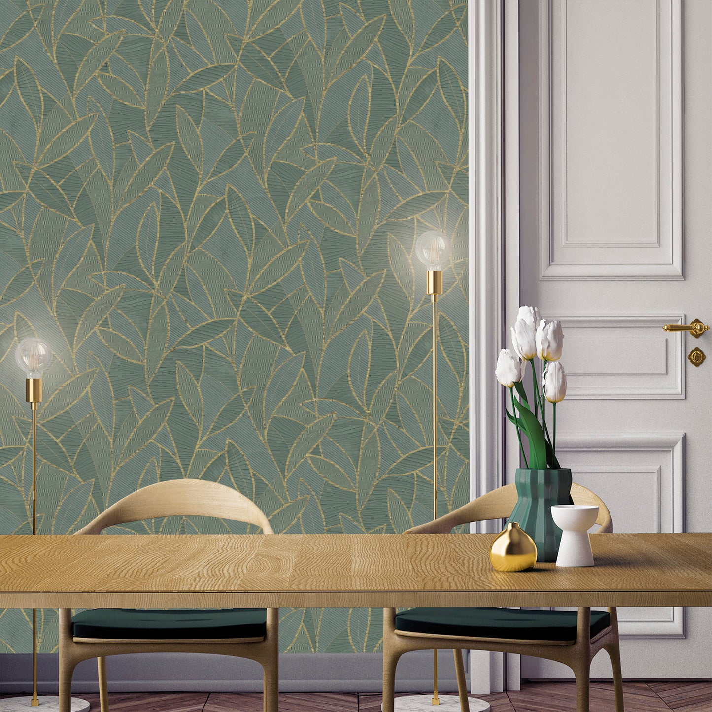 Dark moss carved-leaf wallpaper with a blue-green leaf pattern.