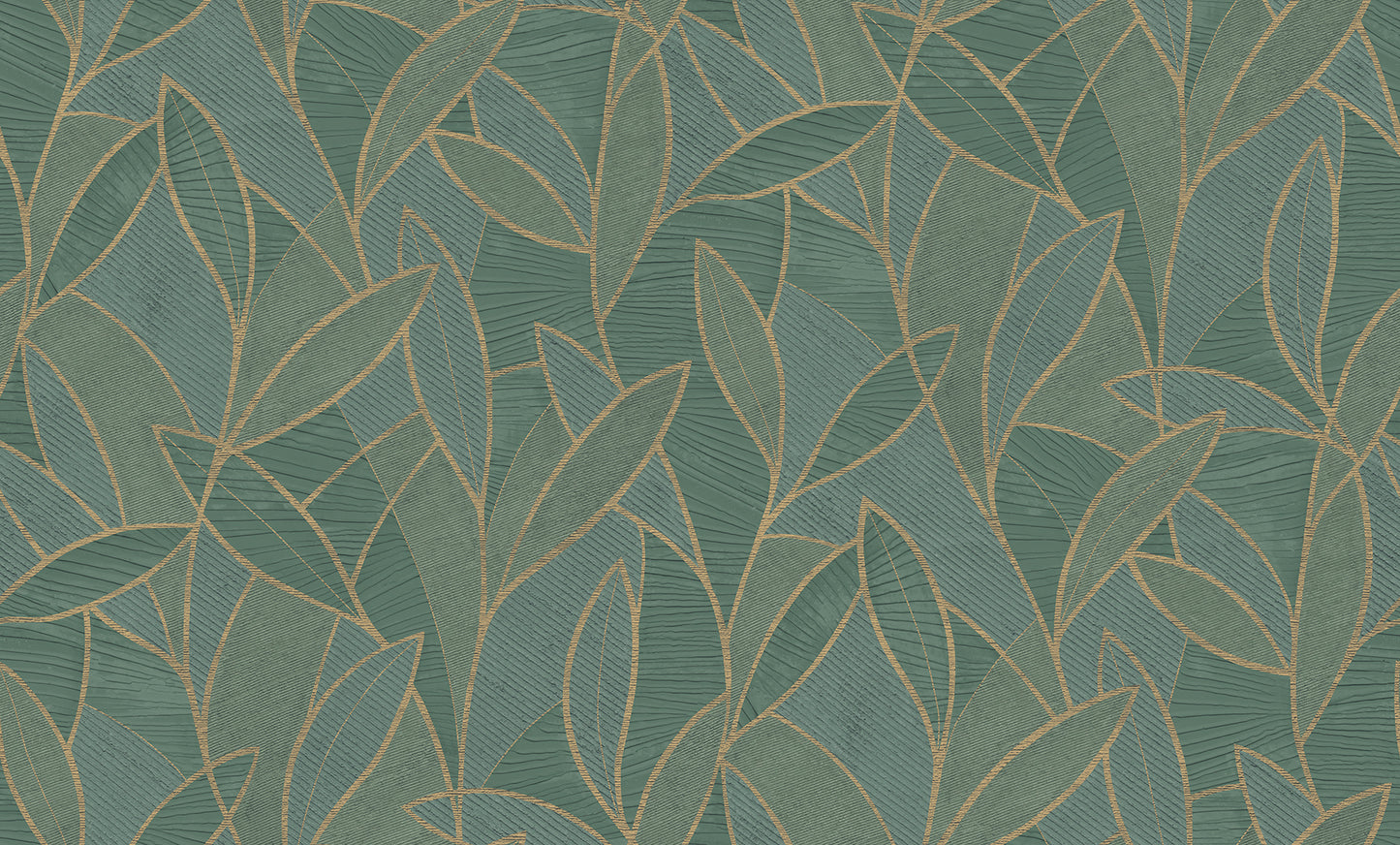Dark moss green wallpaper with a carved leaf motif.