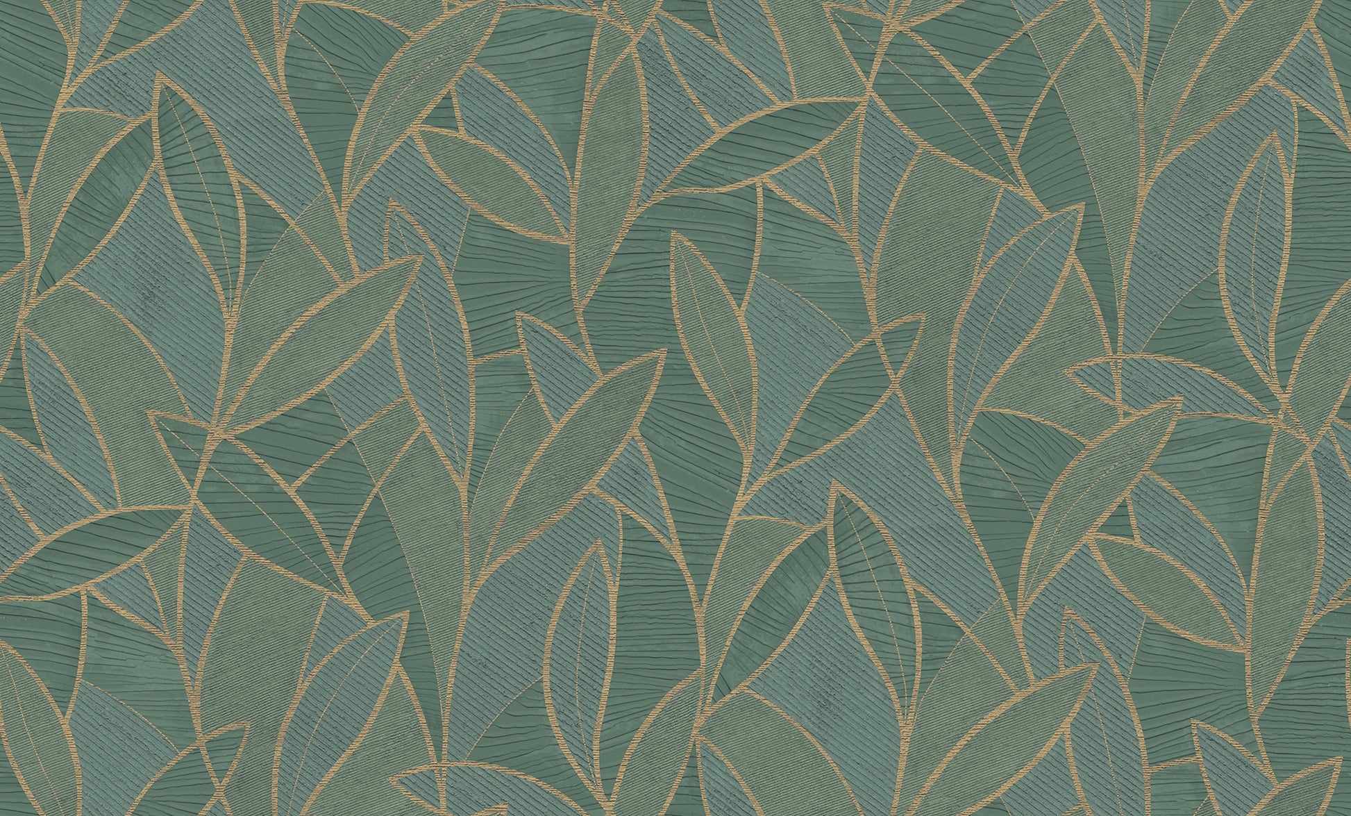 Dark moss green wallpaper with a carved leaf motif.