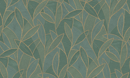 Dark moss green wallpaper with a carved leaf motif.
