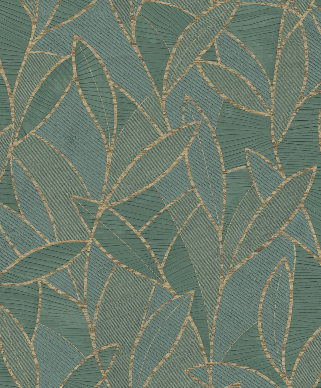 Teal wallpaper with gold leaf outlines and subtle wood-grain texture.