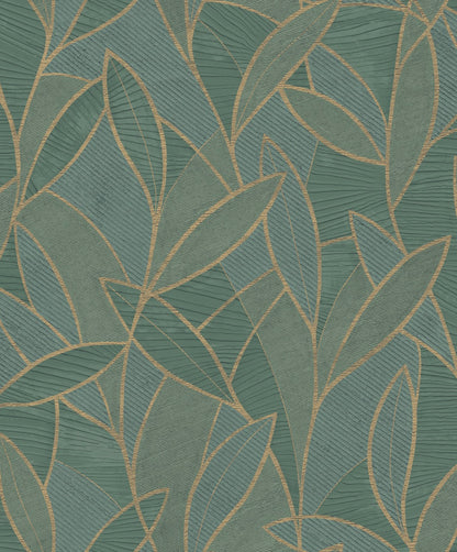 Teal wallpaper with gold leaf outlines and subtle wood-grain texture.