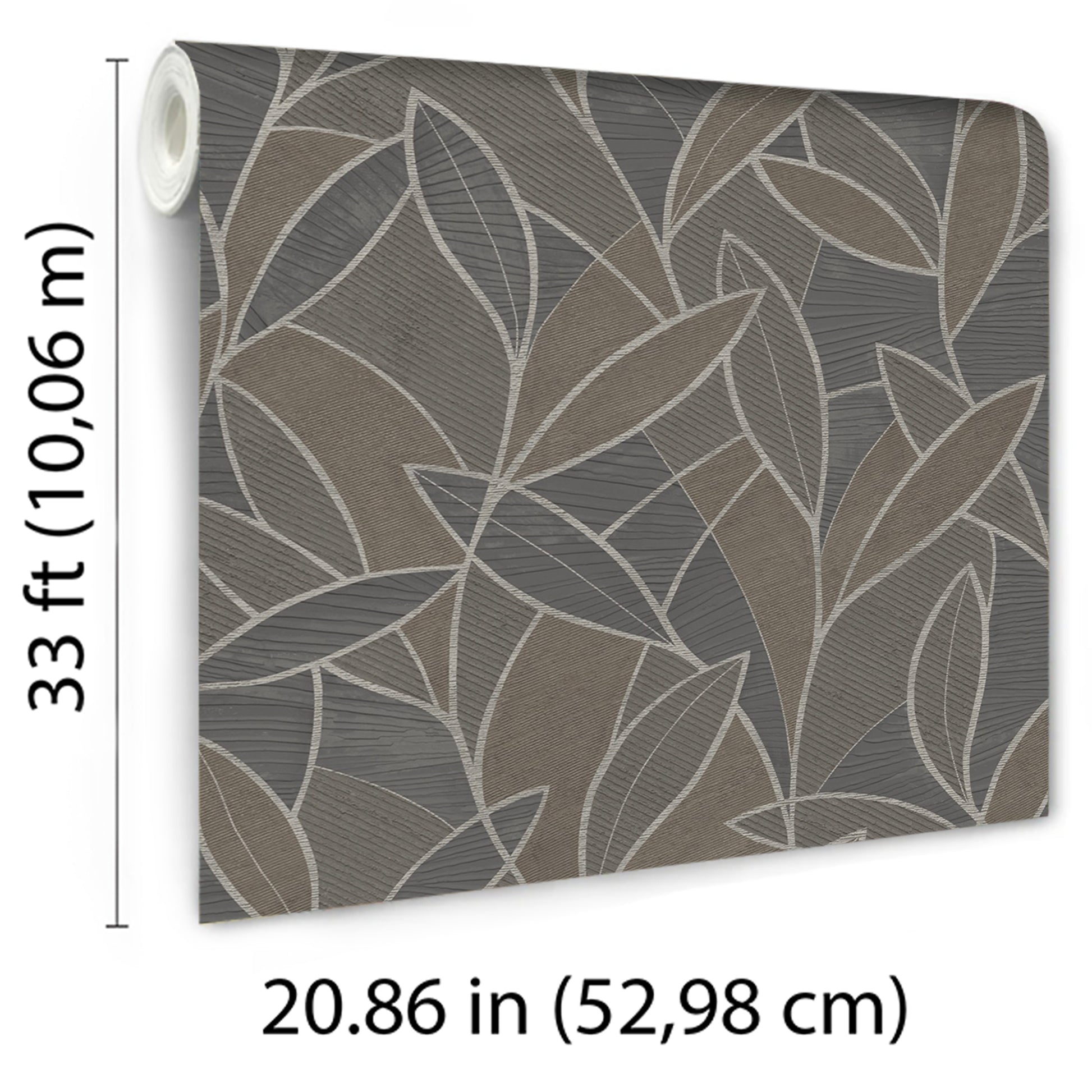 Rolled wallpaper with a textured finish and carved leaf graphite/black pattern; nature-inspired contemporary/modern wallpaper.