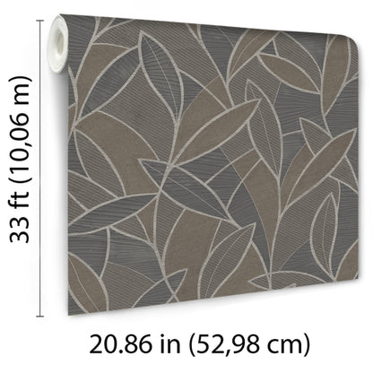 Rolled wallpaper with a textured finish and carved leaf graphite/black pattern; nature-inspired contemporary/modern wallpaper.