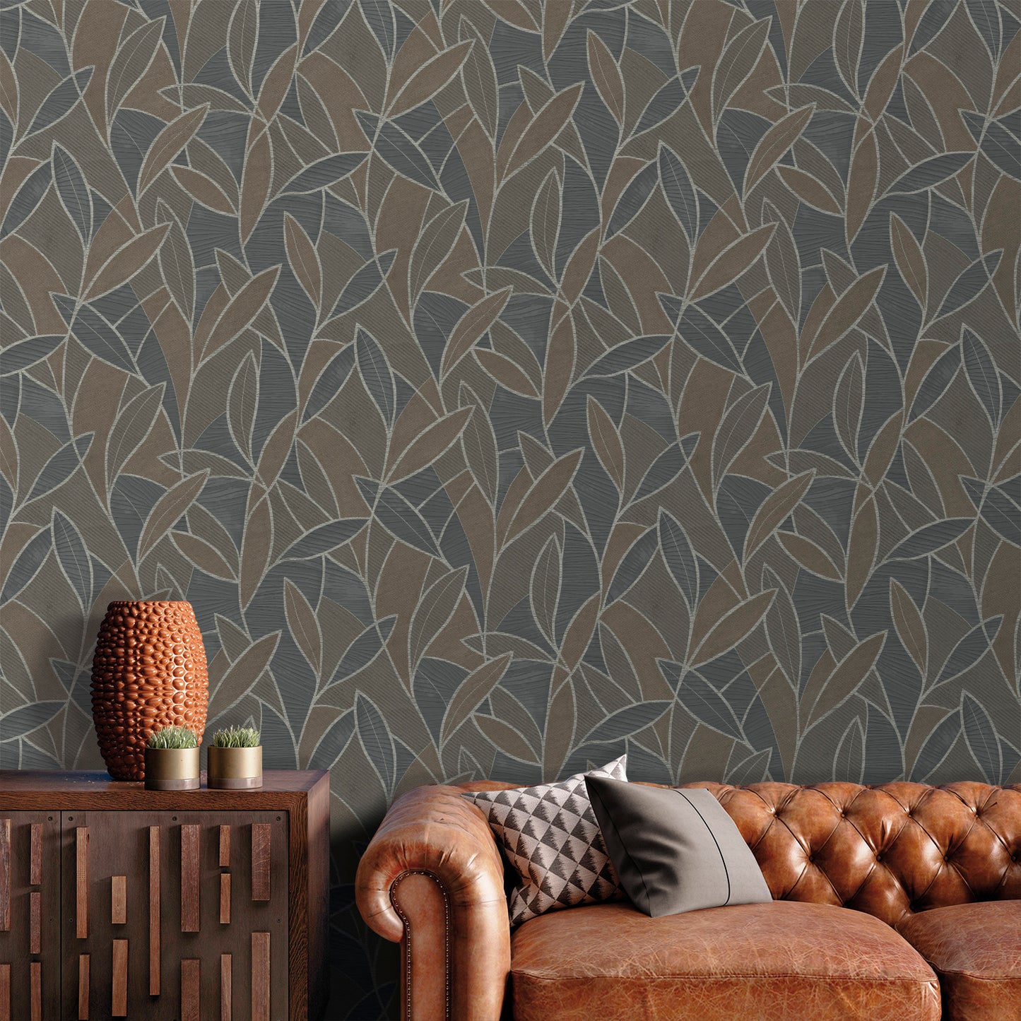 Wallpaper with a carved leaf pattern in graphite/black, modern contemporary design.