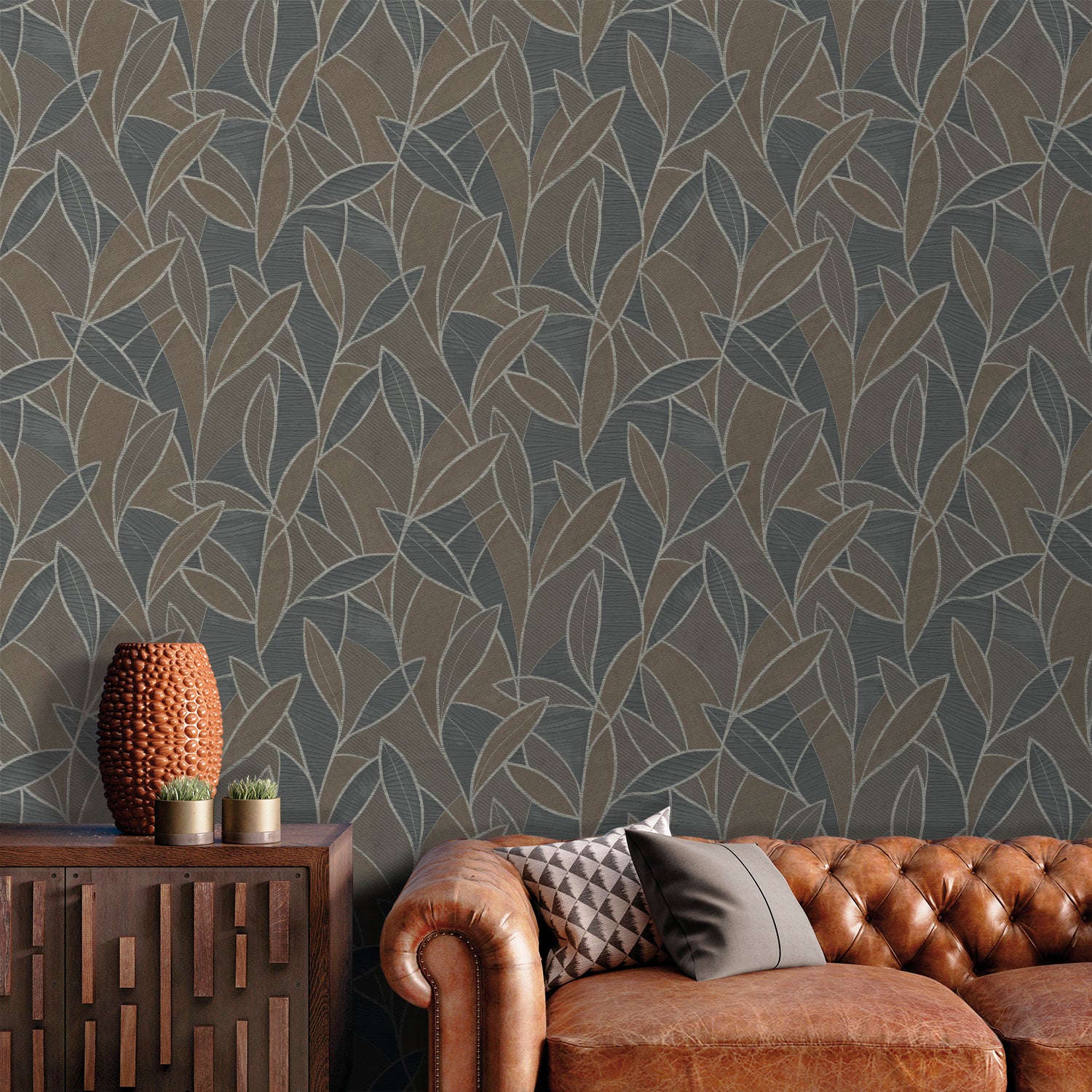 Wallpaper with a carved leaf pattern in graphite/black, modern contemporary design.