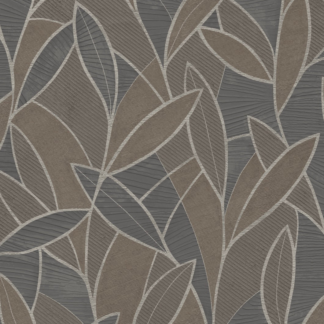Botanical leaf wallpaper in graphite and black tones with white outlines and subtle texture.