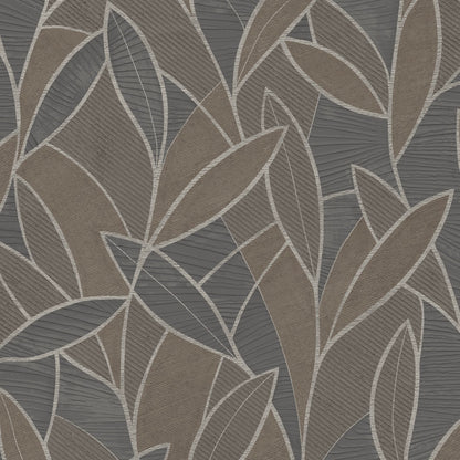 Botanical leaf wallpaper in graphite and black tones with white outlines and subtle texture.