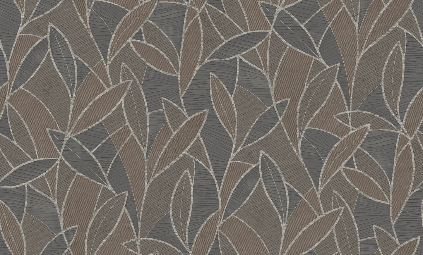 Leaf-pattern wallpaper in graphite/black tones with carved leaf outlines, botanical design.