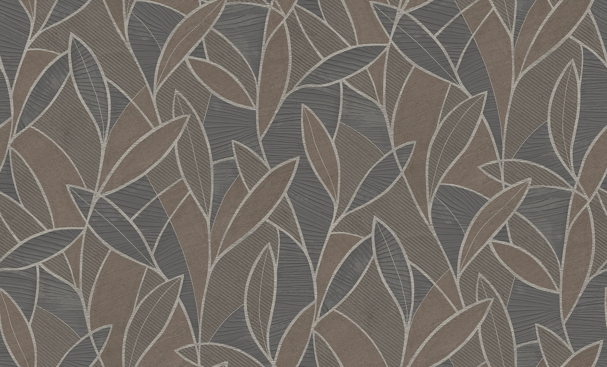 Leaf-pattern wallpaper in graphite/black tones with carved leaf outlines, botanical design.