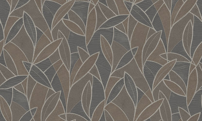 Leaf-pattern wallpaper in graphite/black tones with carved leaf outlines, botanical design.