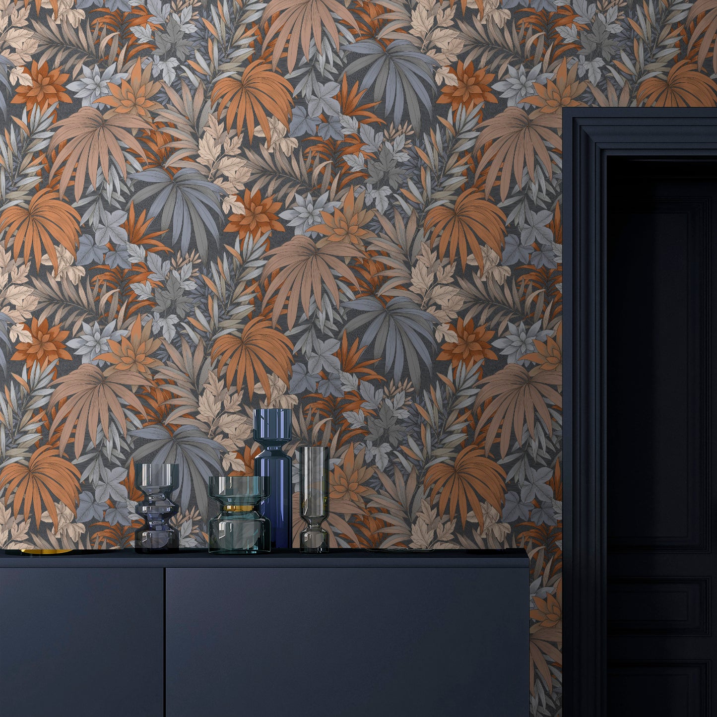 Veer Decor Allure Jungle Dark Blue Wallpaper Tropical Transitional Navy  Wallpaper - 8249-AD2