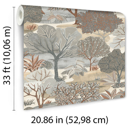 Rolled wallpaper featuring a forest scene with taupe-toned trees in muted beige, gray and brown.