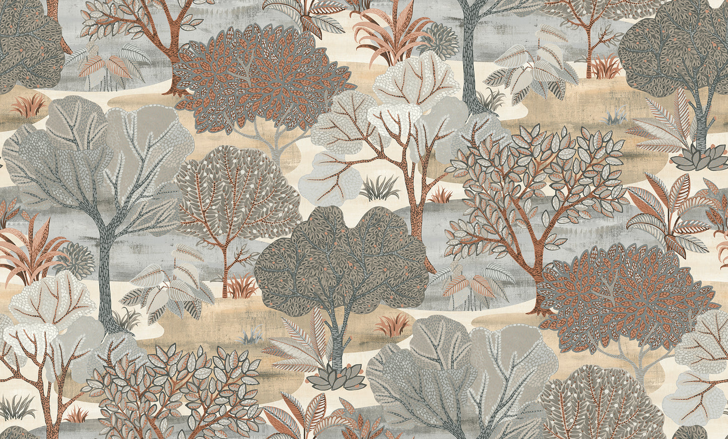 Muted woodland botanical wallpaper pattern in gray, taupe & brown trees and shrubs.