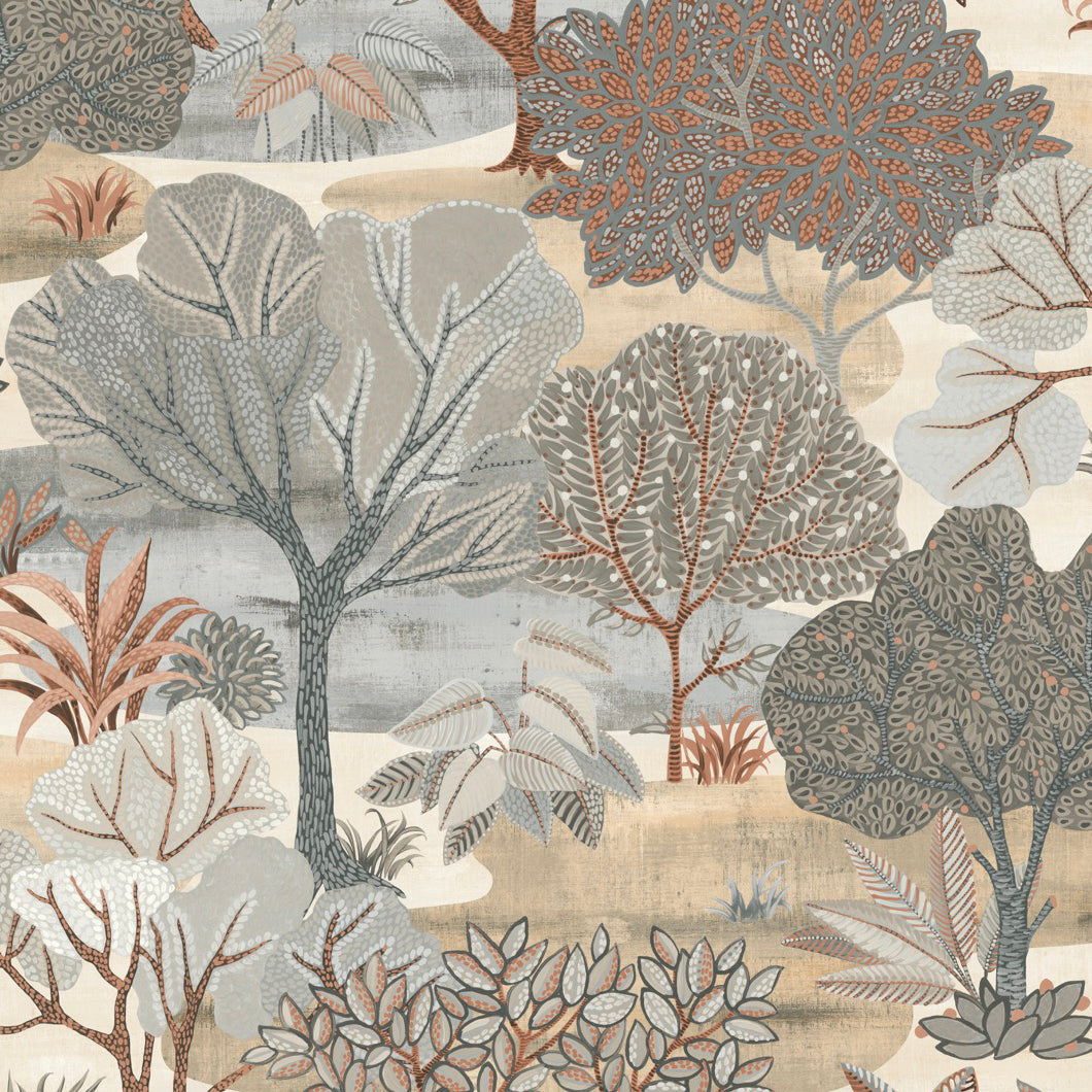 Muted woodland wallpaper with stylized trees & shrubs in taupe, gray, blue & tan tones; nature-inspired, decorative pattern.