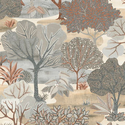 Muted woodland wallpaper with stylized trees & shrubs in taupe, gray, blue & tan tones; nature-inspired, decorative pattern.