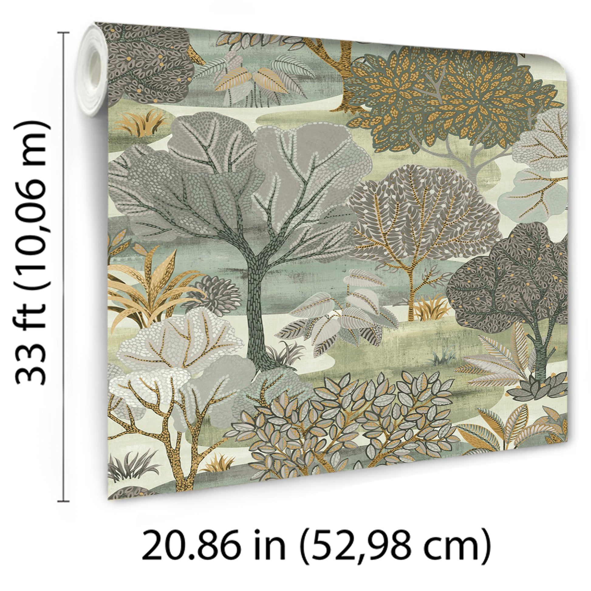 Rolled botanical wallpaper with a muted green-blue background and gray, beige, and gold trees.