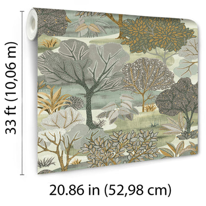 Rolled botanical wallpaper with a muted green-blue background and gray, beige, and gold trees.