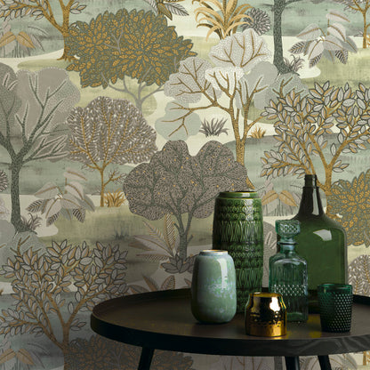 Round black table with green and teal glass vases and an amber jar, set against botanical wallpaper in sage, olive, gold.
