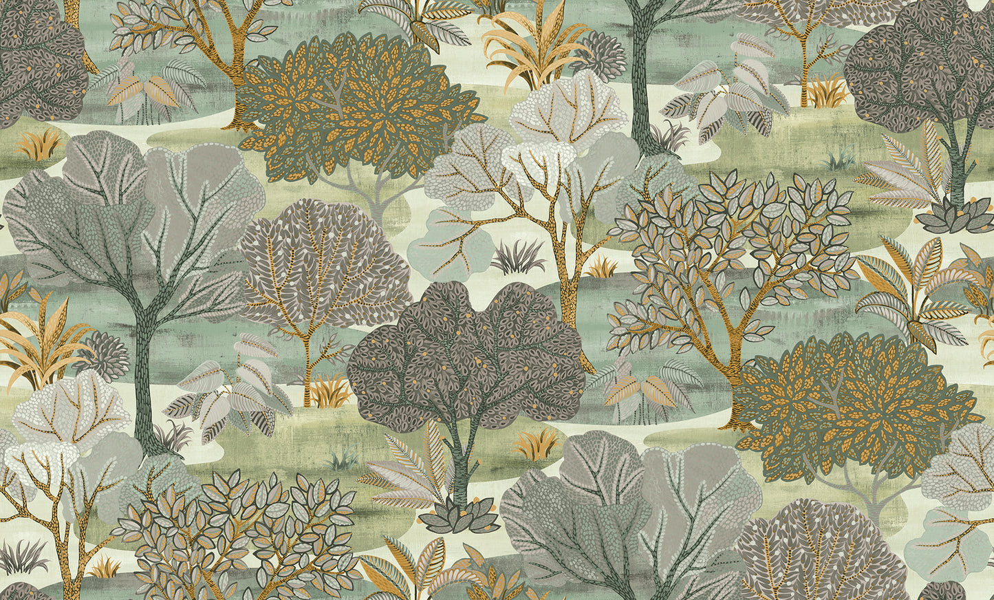 Wallpaper pattern with stylized trees in muted greens, golds, and grays for walls.