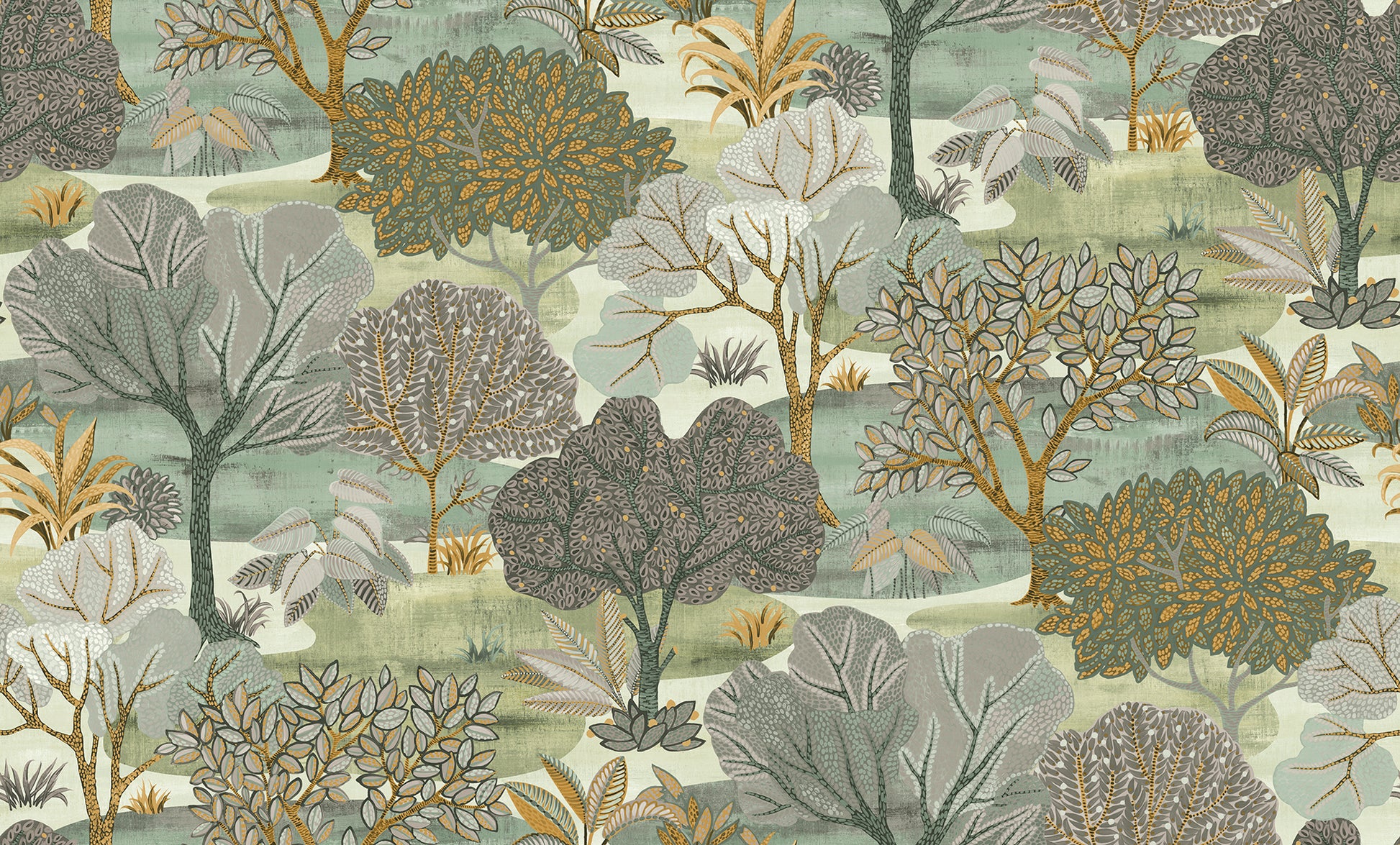 Wallpaper pattern with stylized trees in muted greens, golds, and grays for walls.