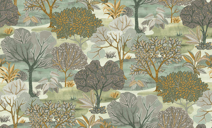 Wallpaper pattern with stylized trees in muted greens, golds, and grays for walls.